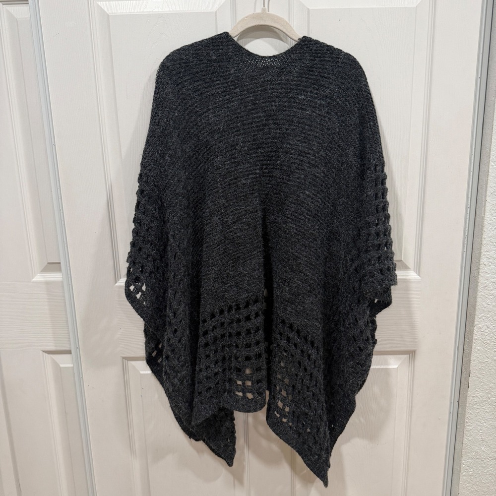 Do Everything In Love Charcoal Grey Knit Crochet Lattice Open Front Poncho Wrap View 3